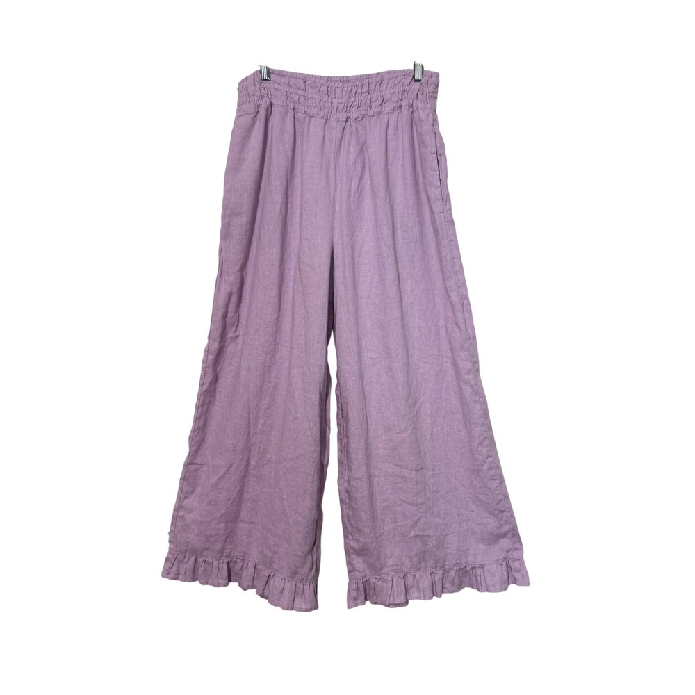 Anthropologie Wide Leg Pants Womens MT Purple Linen Ruffle Smocked Waist